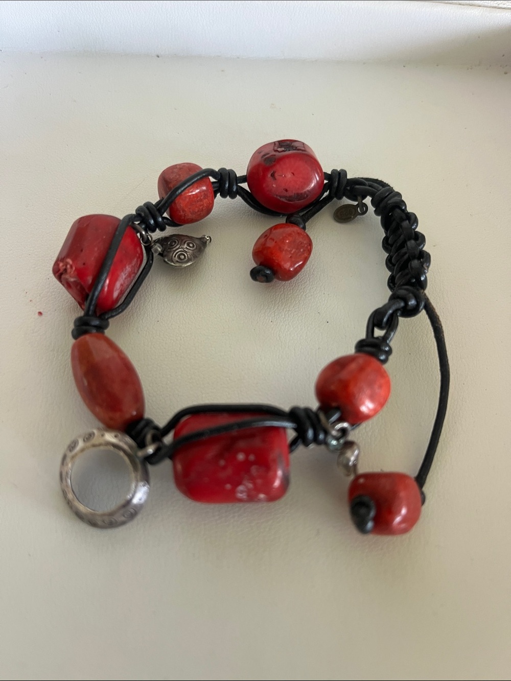 Peyote Bird red coral Sterling silver black leather adjustable slide bracelet